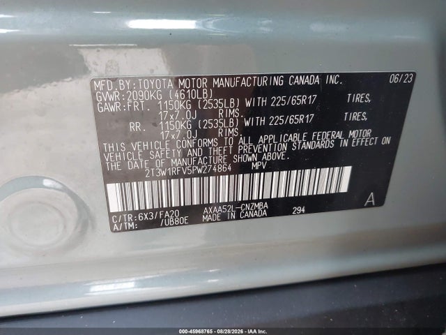 45968765 :رقم المزاد ، 2T3W1RFV5PW274864 vin ، 2023 Toyota Rav4 Xle مزاد بيع