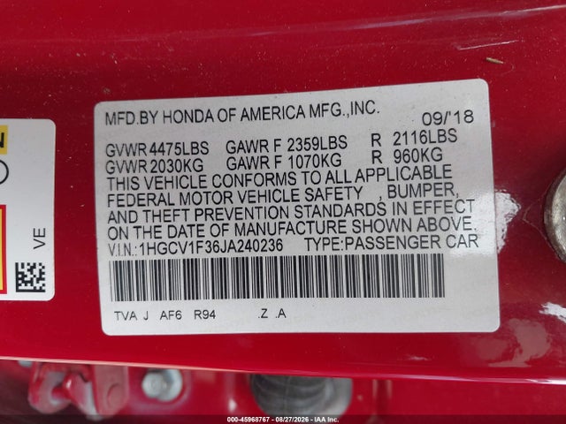 Aukcja sprzedaży 2018 Honda Accord Sport, vin: 1HGCV1F36JA240236, numer aukcji: 45968767