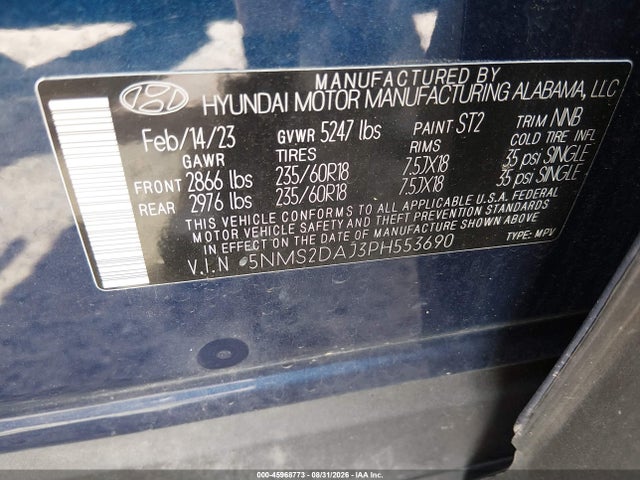 Продаж на аукціоні авто 2023 Hyundai Santa Fe Sel, vin: 5NMS2DAJ3PH553690, номер лоту: 45968773
