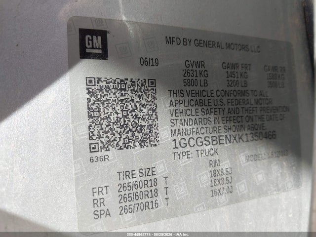 45968774 :رقم المزاد ، 1GCGSBENXK1350466 vin ، 2019 Chevrolet Colorado Wt مزاد بيع