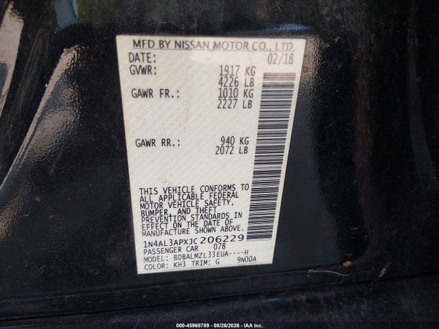 45968789 :رقم المزاد ، 1N4AL3APXJC206229 vin ، 2018 Nissan Altima 2.5 Sv مزاد بيع