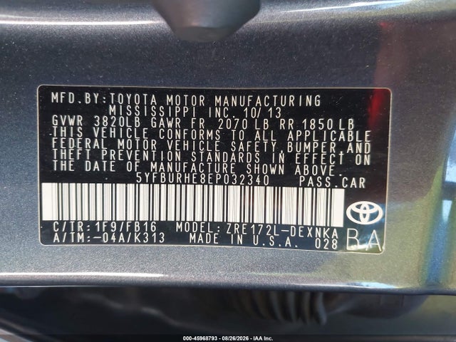 45968793 :رقم المزاد ، 5YFBURHE8EP032340 vin ، 2014 Toyota Corolla مزاد بيع