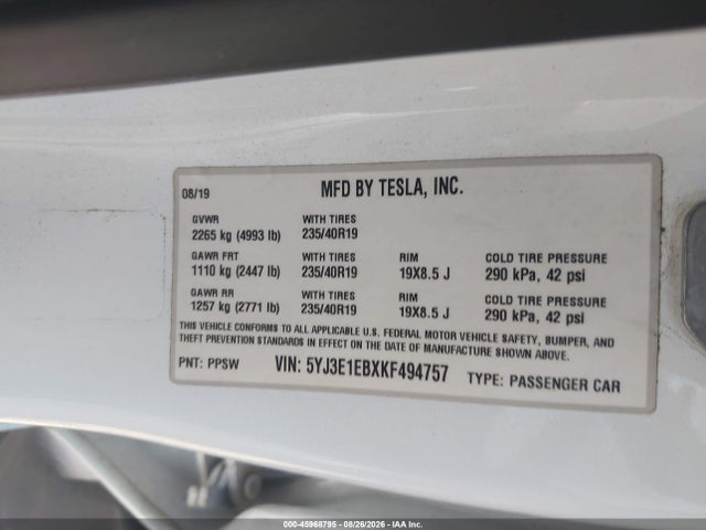 Tesla Model 3 Long Range/performance 2019 5YJ3E1EBXKF494757 Image 9