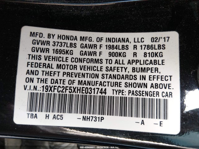 Honda Civic Lx 2017 19XFC2F5XHE031744 Image 9