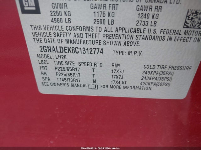 Продаж на аукціоні авто 2012 Chevrolet Equinox 1lt, vin: 2GNALDEK8C1312774, номер лоту: 45968819