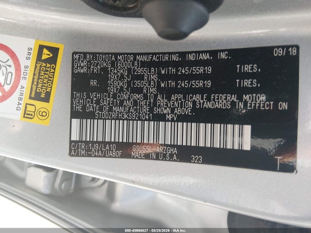 45968827 :رقم المزاد ، 5TDDZRFH3KS921041 vin ، 2019 Toyota Highlander Limited Platinum مزاد بيع