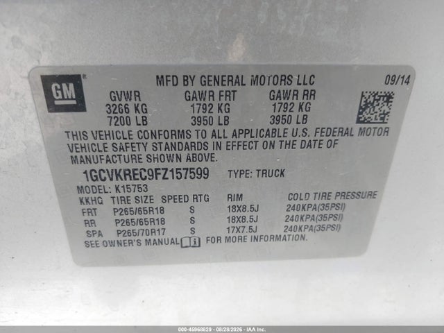 Продаж на аукціоні авто 2015 Chevrolet Silverado 1500 1lt, vin: 1GCVKREC9FZ157599, номер лоту: 45968829