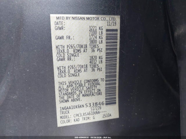 Aukcja sprzedaży 2019 Nissan Titan S, vin: 1N6AA1EK6KN533846, numer aukcji: 45968835