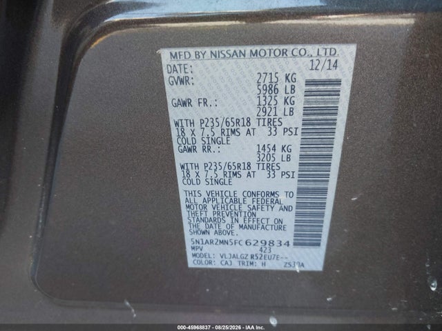 Продажа на аукционе авто 2015 Nissan Pathfinder Sl, vin: 5N1AR2MN5FC629834, номер лота: 45968837