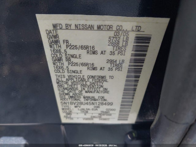 Aukcja sprzedaży 2005 Nissan Quest 3.5 S, vin: 5N1BV28U45N128499, numer aukcji: 45968839