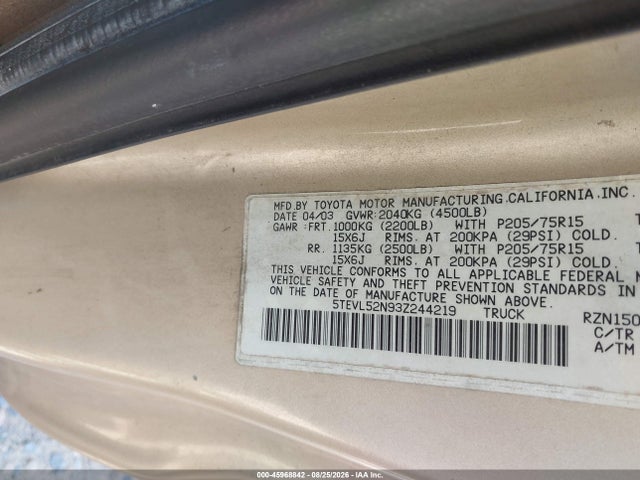 45968842 :رقم المزاد ، 5TEVL52N93Z244219 vin ، 2003 Toyota Tacoma مزاد بيع