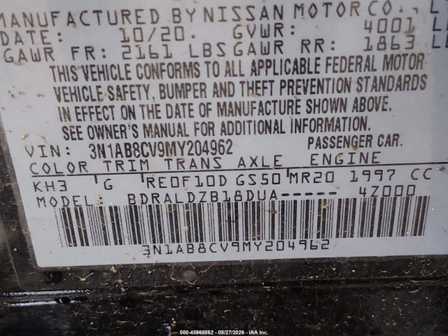 45968862 :رقم المزاد ، 3N1AB8CV9MY204962 vin ، 2021 Nissan Sentra Sv Xtronic Cvt مزاد بيع