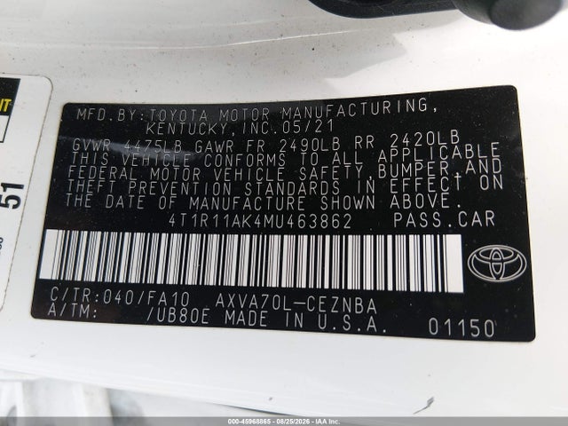Aukcja sprzedaży 2021 Toyota Camry Le, vin: 4T1R11AK4MU463862, numer aukcji: 45968865