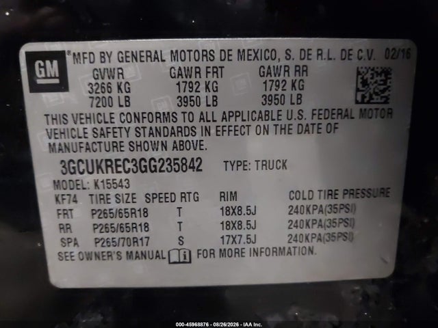 Продажа на аукционе авто 2016 Chevrolet Silverado 1500 Lt, vin: 3GCUKREC3GG235842, номер лота: 45968876