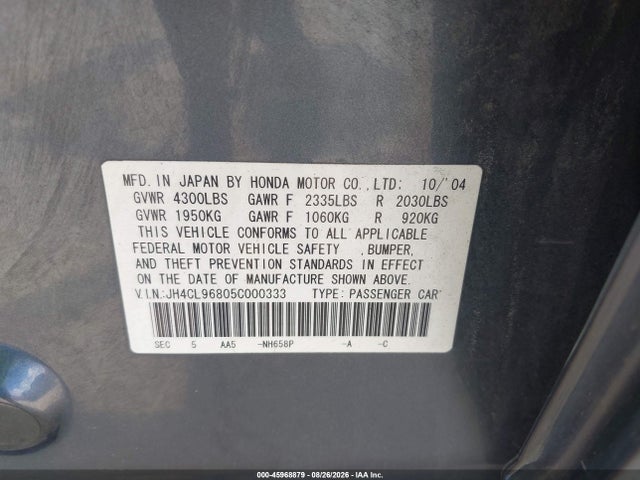 2005 Acura Tsx მანქანა იყიდება აუქციონზე, vin: JH4CL96805C000333, აუქციონის ნომერი: 45968879