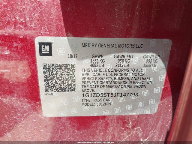Продаж на аукціоні авто 2018 Chevrolet Malibu Lt, vin: 1G1ZD5ST5JF147793, номер лоту: 45968880