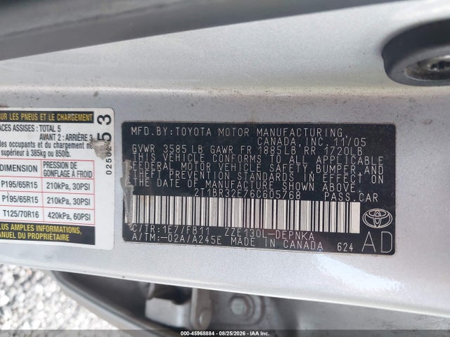 45968884 :رقم المزاد ، 2T1BR32E76C605768 vin ، 2006 Toyota Corolla Le مزاد بيع