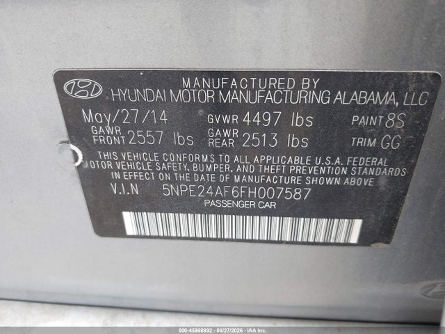 Продаж на аукціоні авто 2015 Hyundai Sonata Se, vin: 5NPE24AF6FH007587, номер лоту: 45968892