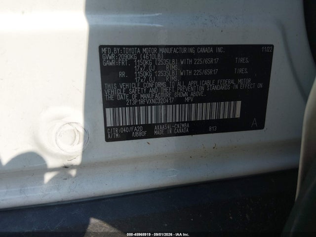 Aukcja sprzedaży 2022 Toyota Rav4 Xle, vin: 2T3P1RFVXNC320417, numer aukcji: 45968919