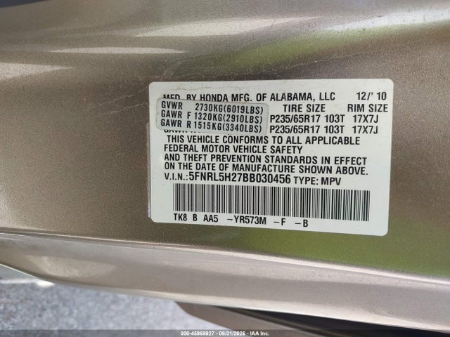 Aukcja sprzedaży 2011 Honda Odyssey Lx, vin: 5FNRL5H27BB030456, numer aukcji: 45968927