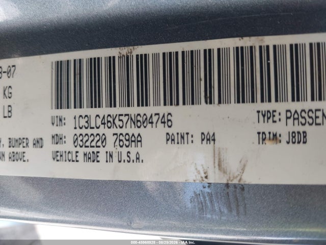 45968928 :رقم المزاد ، 1C3LC46K57N604746 vin ، 2007 Chrysler Sebring مزاد بيع