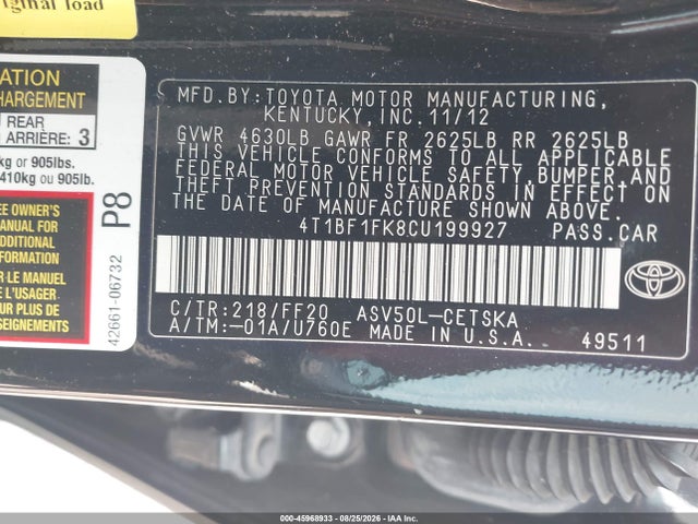 45968933 :رقم المزاد ، 4T1BF1FK8CU199927 vin ، 2012 Toyota Camry Se Limited Edition مزاد بيع