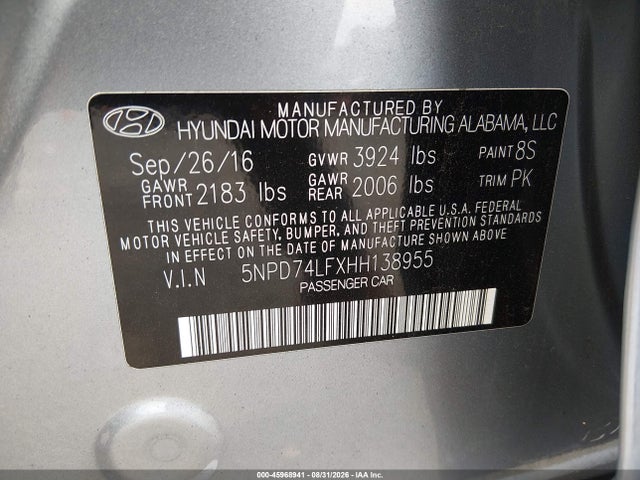 Продаж на аукціоні авто 2017 Hyundai Elantra Se, vin: 5NPD74LFXHH138955, номер лоту: 45968941