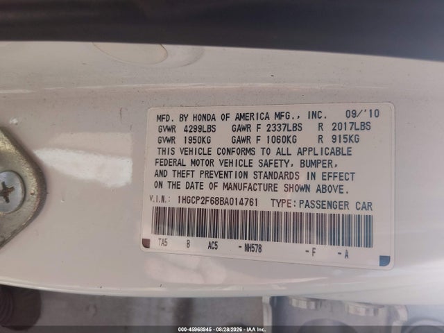 Aukcja sprzedaży 2011 Honda Accord 2.4 Se, vin: 1HGCP2F68BA014761, numer aukcji: 45968945