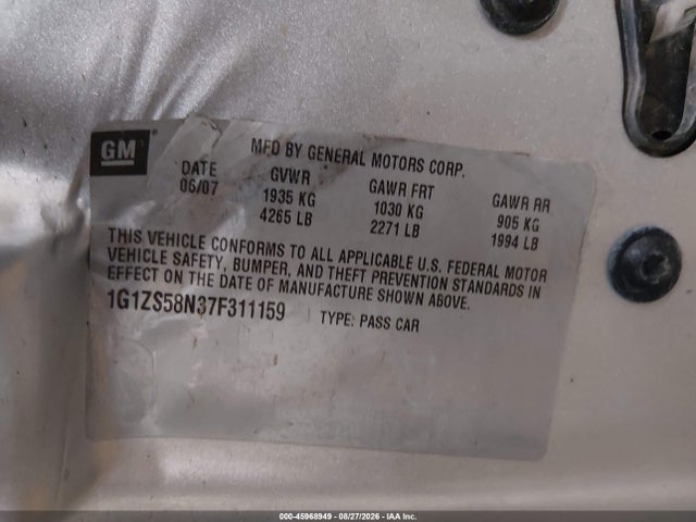 Aukcja sprzedaży 2007 Chevrolet Malibu Ls, vin: 1G1ZS58N37F311159, numer aukcji: 45968949