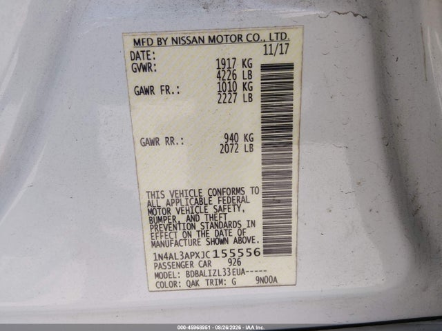 Продаж на аукціоні авто 2018 Nissan Altima 2.5 Sv, vin: 1N4AL3APXJC155556, номер лоту: 45968951