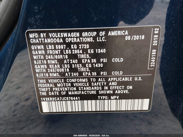 Продаж на аукціоні авто 2018 Volkswagen Atlas 3.6l V6 Se, vin: 1V2KR2CA7JC576441, номер лоту: 45968955