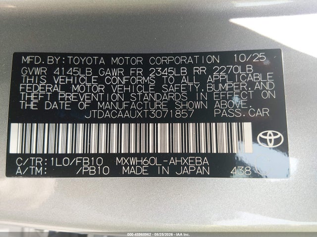 Aukcja sprzedaży 2026 Toyota Prius Le, vin: JTDACAAUXT3071857, numer aukcji: 45968962