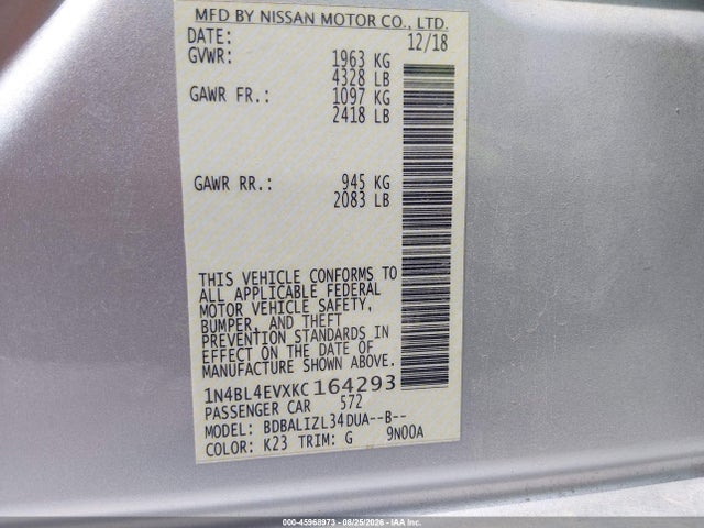 2019 Nissan Altima 2.5 Sl მანქანა იყიდება აუქციონზე, vin: 1N4BL4EVXKC164293, აუქციონის ნომერი: 45968973