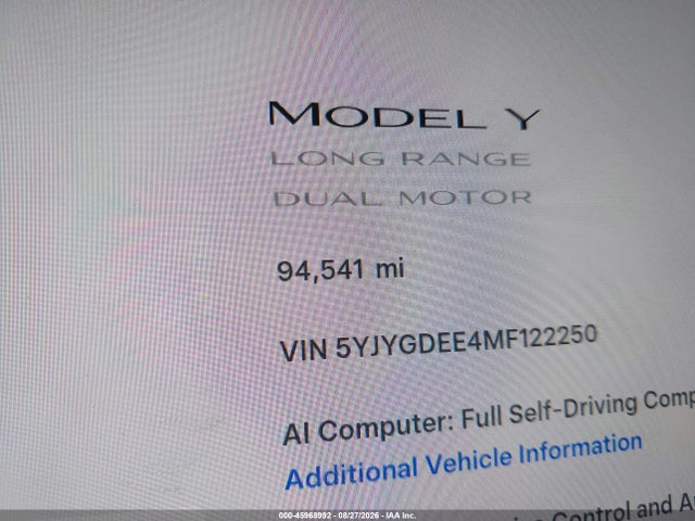 Aukcja sprzedaży 2021 Tesla Model Y Long Range Dual Motor All-wheel Drive, vin: 5YJYGDEE4MF122250, numer aukcji: 45968992