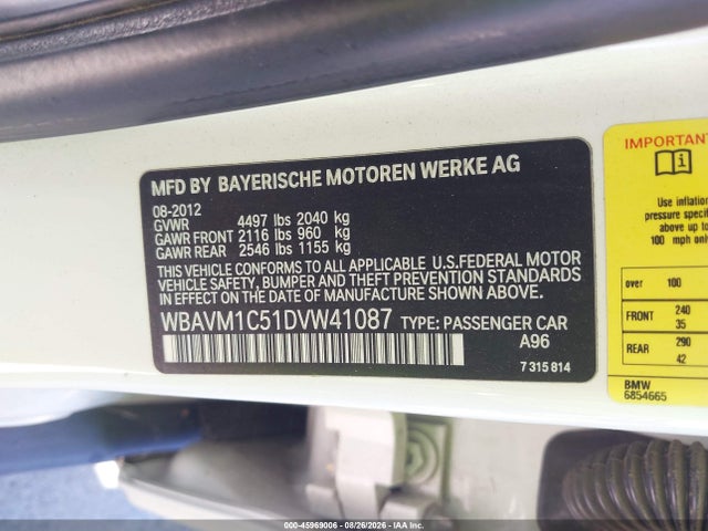 Auction sale of the 2013 Bmw X1 Sdrive28i, vin: WBAVM1C51DVW41087, lot number: 45969006