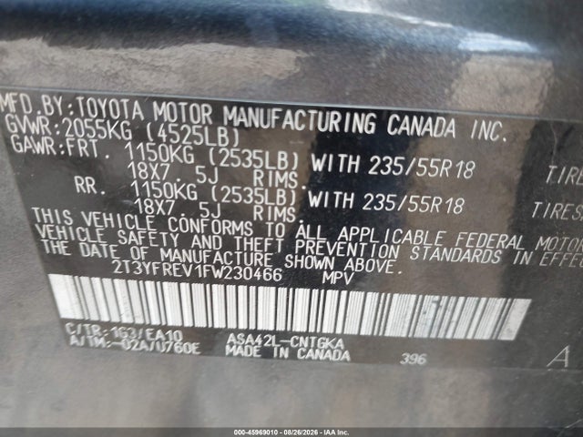 Aukcja sprzedaży 2015 Toyota Rav4 Limited, vin: 2T3YFREV1FW230466, numer aukcji: 45969010