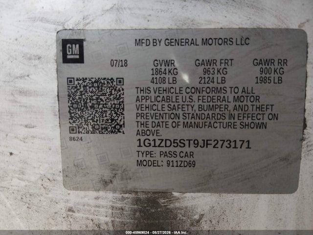2018 Chevrolet Malibu Lt მანქანა იყიდება აუქციონზე, vin: 1G1ZD5ST9JF273171, აუქციონის ნომერი: 45969024