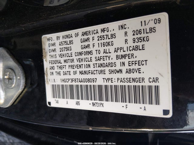 Aukcja sprzedaży 2010 Honda Accord 3.5 Ex-l, vin: 1HGCP3F87AA008097, numer aukcji: 45969029