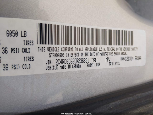 Aukcja sprzedaży 2012 Dodge Grand Caravan Sxt, vin: 2C4RDGCG2CR236351, numer aukcji: 45969042