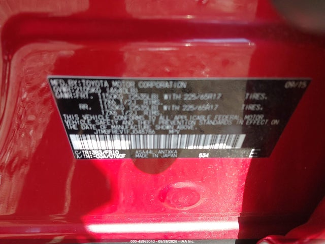 45969043 :رقم المزاد ، JTMBFREV1FJ048786 vin ، 2015 Toyota Rav4 Le مزاد بيع