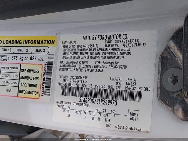 Продажа на аукционе авто 2020 Ford Fusion S, vin: 3FA6P0G78LR249973, номер лота: 45969047