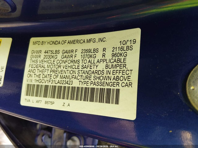 2020 Honda Accord Sport მანქანა იყიდება აუქციონზე, vin: 1HGCV1F31LA023423, აუქციონის ნომერი: 45969066