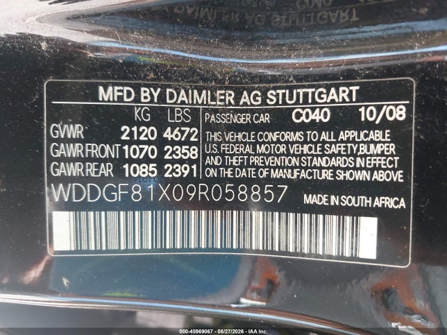 45969067 :رقم المزاد ، WDDGF81X09R058857 vin ، 2009 Mercedes-benz C 300 Luxury 4matic مزاد بيع