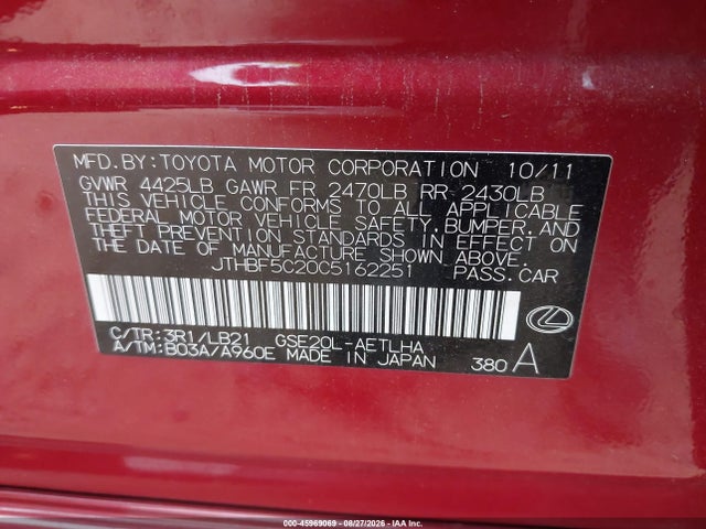 Aukcja sprzedaży 2012 Lexus Is 250, vin: JTHBF5C20C5162251, numer aukcji: 45969069