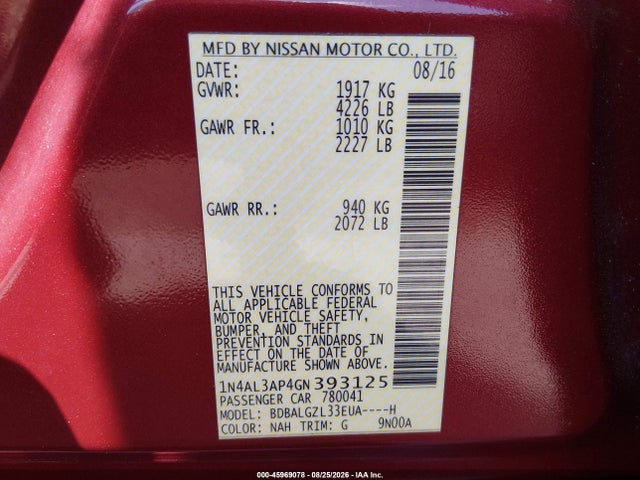 45969078 :رقم المزاد ، 1N4AL3AP4GN393125 vin ، 2016 Nissan Altima 2.5 S مزاد بيع