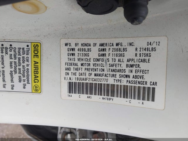Aukcja sprzedaży 2012 Acura Tl 3.5, vin: 19UUA8F21CA032770, numer aukcji: 45969094