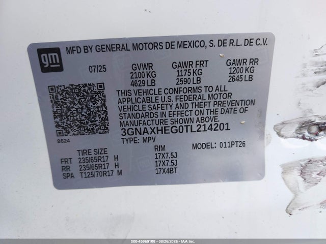 Aukcja sprzedaży 2026 Chevrolet Equinox Fwd Lt, vin: 3GNAXHEG0TL214201, numer aukcji: 45969108