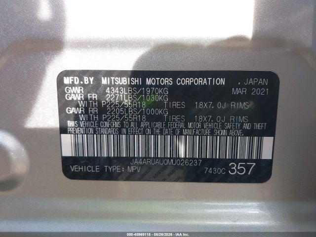 45969118 :رقم المزاد ، JA4ARUAU0MU026237 vin ، 2021 Mitsubishi Outlander Sport 2.0 Be Awc/2.0 Es Awc/2.0 Le Awc/2.0 Se Awc مزاد بيع