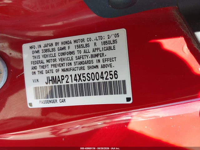 45969136 :رقم المزاد ، JHMAP214X5S004256 vin ، 2005 Honda S2000 مزاد بيع