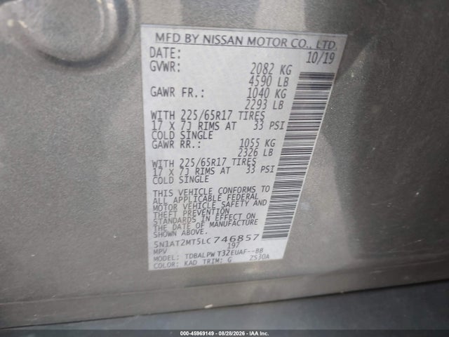 Aukcja sprzedaży 2020 Nissan Rogue S Fwd, vin: 5N1AT2MT5LC746857, numer aukcji: 45969149